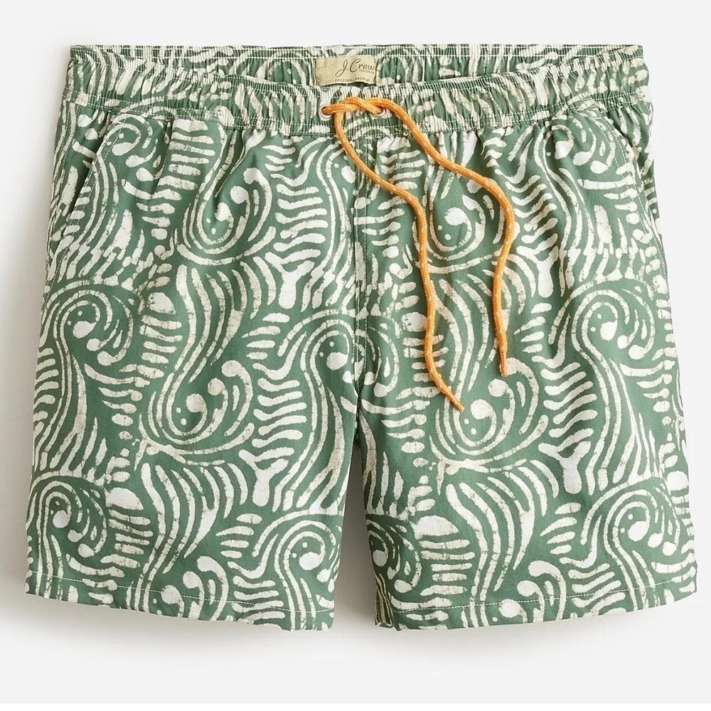 J. Crew Mens Swim‎ Trunks XS Green 6 inch stretch Batik Mesh Lined Board Shorts